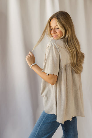Cecily Button Down Boho Top, Mushroom - The Red Thread Boutique