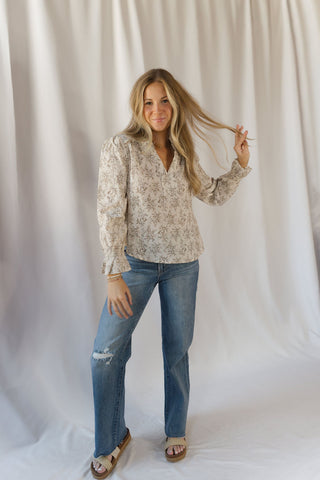 Danielle Floral Linen Top, Natural - The Red Thread Boutique