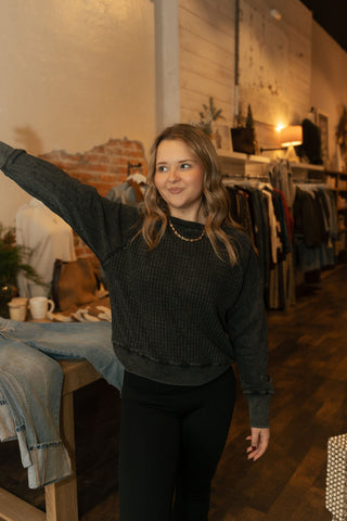 Cozy Waffle Knit Pullover, Black