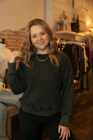 Cozy Waffle Knit Pullover, Black