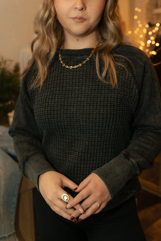 Cozy Waffle Knit Pullover, Black