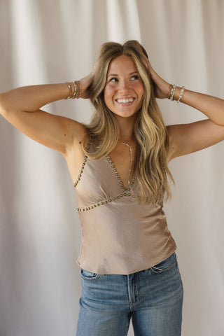 Avis Studded Satin V Tank, Taupe - The Red Thread Boutique