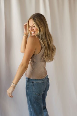 Avis Studded Satin V Tank, Taupe - The Red Thread Boutique