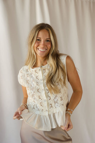Teagan Ruffle Lace Button Up, Natural - The Red Thread Boutique