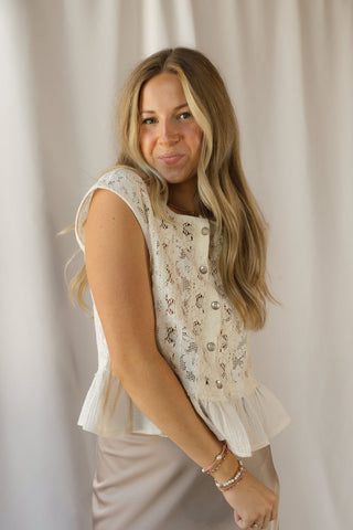 Teagan Ruffle Lace Button Up, Natural - The Red Thread Boutique