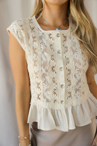 Teagan Ruffle Lace Button Up, Natural - The Red Thread Boutique