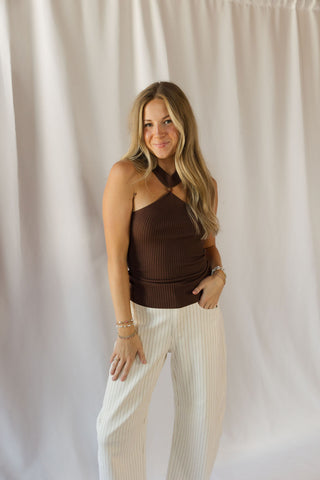 Esme Beaded Halter Tank, Brown - The Red Thread Boutique