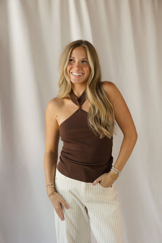 Esme Beaded Halter Tank, Brown - The Red Thread Boutique
