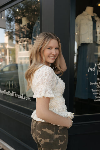 Lace Smocked Top, Cream *final sale