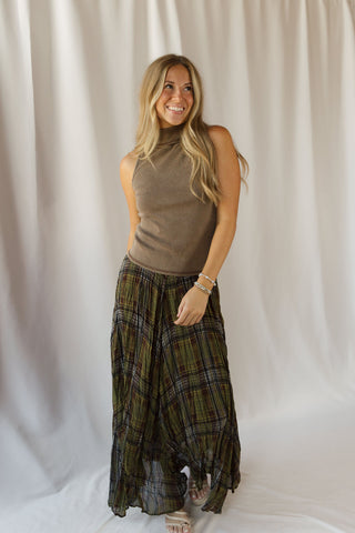 Marenna Plaid Crinkle Maxi Skirt, Olive - The Red Thread Boutique