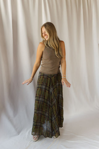 Marenna Plaid Crinkle Maxi Skirt, Olive - The Red Thread Boutique