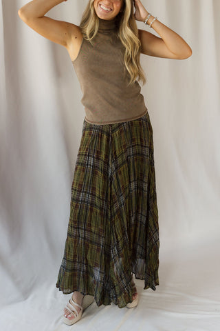 Marenna Plaid Crinkle Maxi Skirt, Olive - The Red Thread Boutique