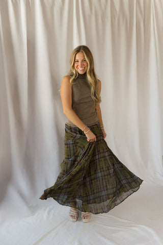 Marenna Plaid Crinkle Maxi Skirt, Olive - The Red Thread Boutique