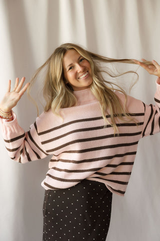 Skylar Stripe Sweater, Rose/Brown