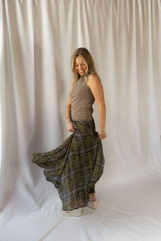 Marenna Plaid Crinkle Maxi Skirt, Olive - The Red Thread Boutique