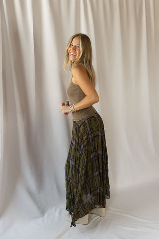 Marenna Plaid Crinkle Maxi Skirt, Olive - The Red Thread Boutique