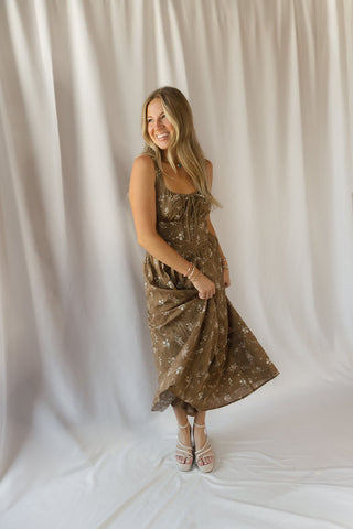 Hannah Eyelet Floral Dress, Brown - The Red Thread Boutique