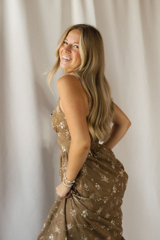 Hannah Eyelet Floral Dress, Brown - The Red Thread Boutique