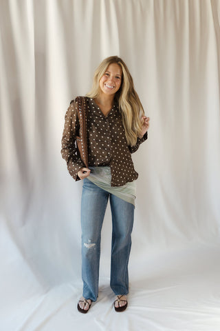Nutmeg Polka Dot Collared Top, Brown