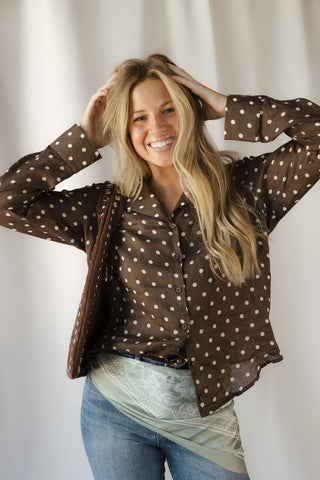 Nutmeg Polka Dot Collared Top, Brown