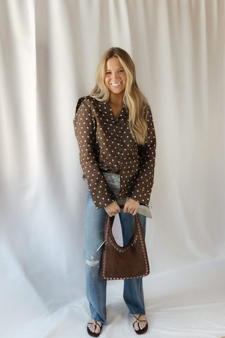 Nutmeg Polka Dot Collared Top, Brown