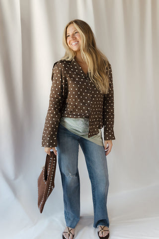 Nutmeg Polka Dot Collared Top, Brown
