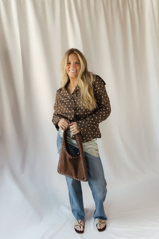 Nutmeg Polka Dot Collared Top, Brown