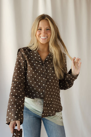 Nutmeg Polka Dot Collared Top, Brown