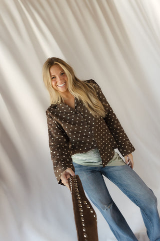 Nutmeg Polka Dot Collared Top, Brown
