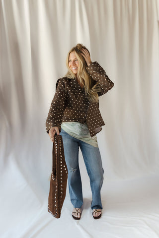 Nutmeg Polka Dot Collared Top, Brown