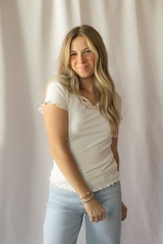 Lace Trim Basic Scoop Neck, Ivory