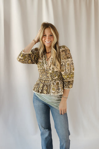 Holland Floral Printed Top, Brown/Olive