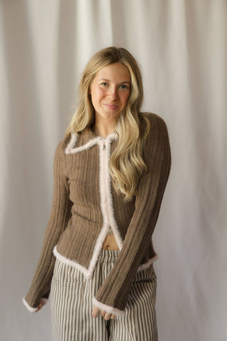 Jacquie Zip Sweater, Pink/Brown