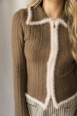 Jacquie Zip Sweater, Pink/Brown