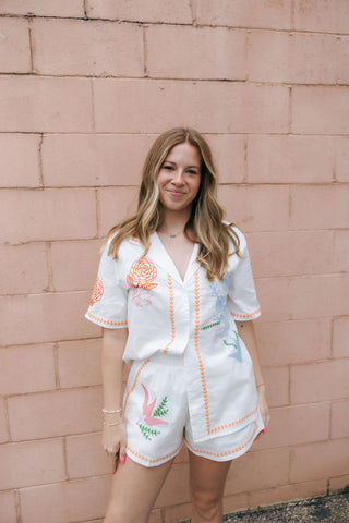 Embroidered Button Shirt Set, Orange *final sale