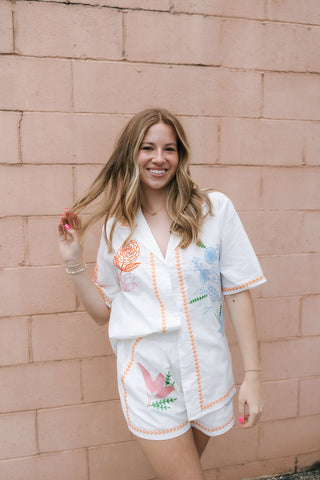 Embroidered Button Shirt Set, Orange *final sale