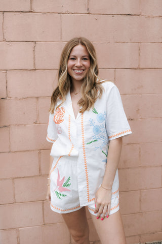 Embroidered Button Shirt Set, Orange *final sale