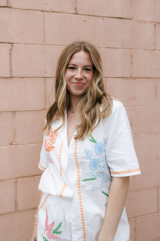 Embroidered Button Shirt Set, Orange *final sale