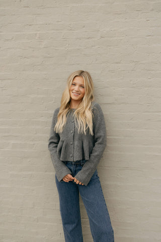 Peplum Knit Cardigan, Charcoal *final sale*