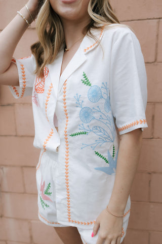 Embroidered Button Shirt Set, Orange *final sale