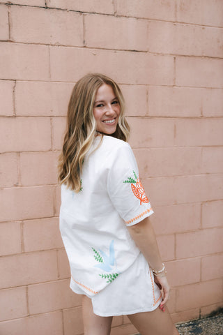 Embroidered Button Shirt Set, Orange *final sale