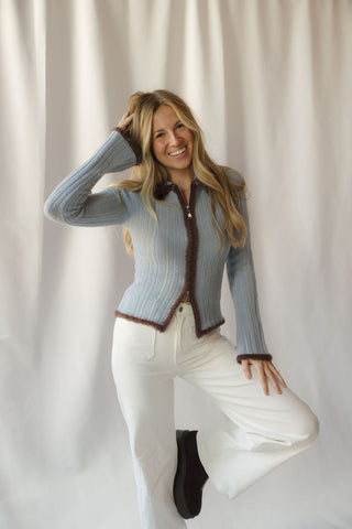Jacquie Zip Sweater, Blue/Brown