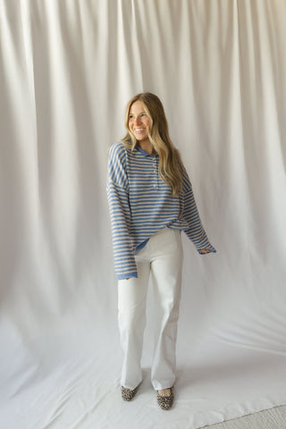 Paige Stripe Henley Sweater, Blue