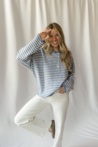 Paige Stripe Henley Sweater, Blue
