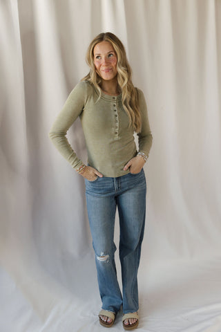Jenny Ribbed Henley Knit Top, Lt Olive
