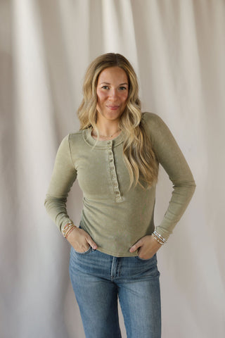 Jenny Ribbed Henley Knit Top, Lt Olive