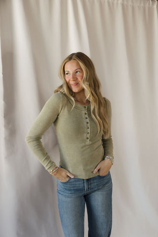Jenny Ribbed Henley Knit Top, Lt Olive