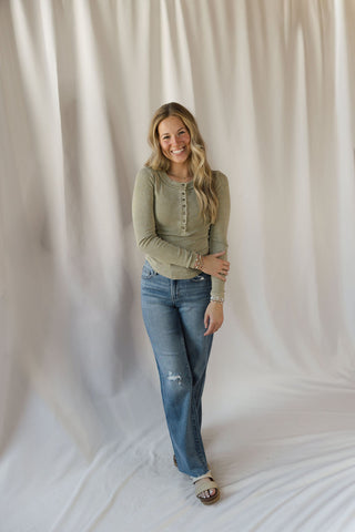 Jenny Ribbed Henley Knit Top, Lt Olive