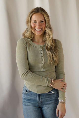 Jenny Ribbed Henley Knit Top, Lt Olive