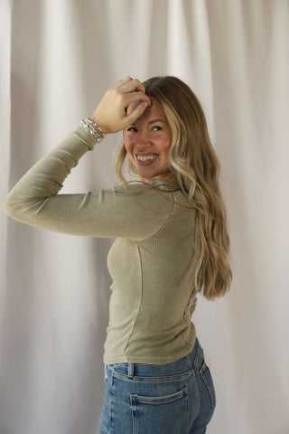 Jenny Ribbed Henley Knit Top, Lt Olive